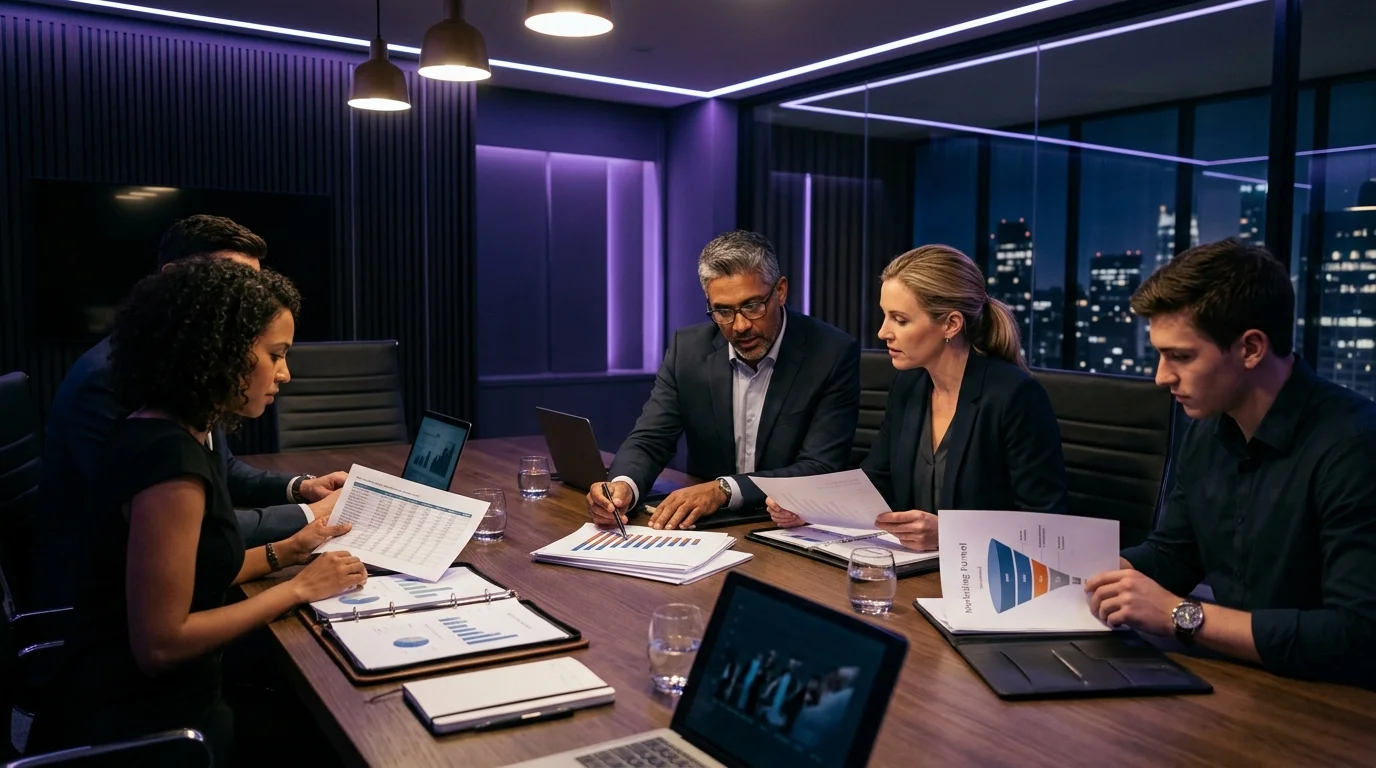 Estrategistas e executivos em reunião corporativa desenhando o plano de marketing com metas e dados financeiros