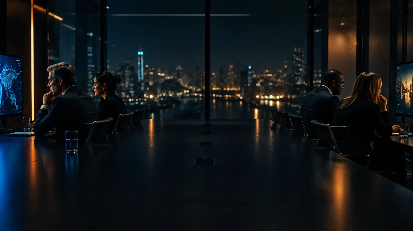 Reunião de agência com o cliente, à noite, em sala envidraçada